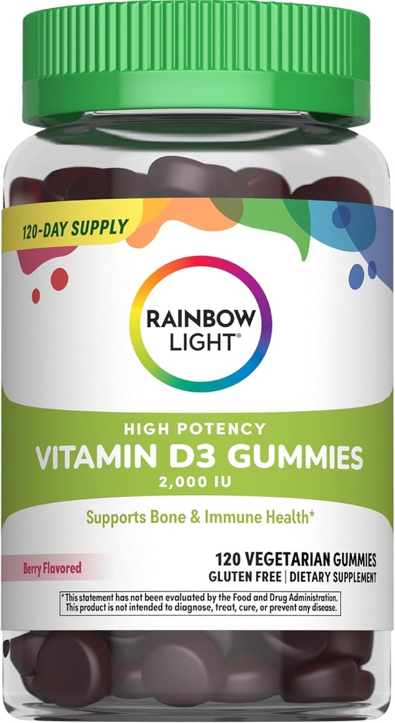 Rainbow Light Vitamina D Gummies, potenta ridicata Vitamina D3 2.000UI Imuna de sprijin pentru sanatate, ajuta la sustinerea oaselor puternice si a dintilor, gluten gratuit, Vegan, Berry, 120 gume