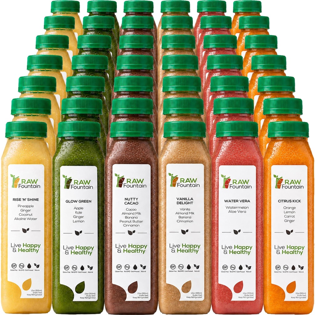7 zile suc de proteine curata de Fountain brut, toate naturale brute dezintoxicare curata, fructe presate la rece, legume, Vanilie si ciocolata aroma, Tasty si Energizante, 42 sticle 12oz, 3 Ginger Shots