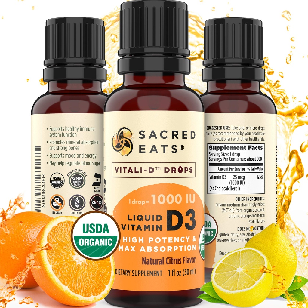 Lichid organic D picături pentru copii și adulți, zahăr gratuit. Ușor de utilizat 1000 UI/Drop în ulei de cocos MCT. Durează luni, Cel mai bun pentru doze mari. Suplimentul maxim de absorbţie D3. Gust mare (Citrus)