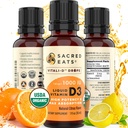 Lichid organic D picături pentru copii și adulți, zahăr gratuit. Ușor de utilizat 1000 UI/Drop în ulei de cocos MCT. Durează luni, Cel mai bun pentru doze mari. Suplimentul maxim de absorbţie D3. Gust mare (Citrus)