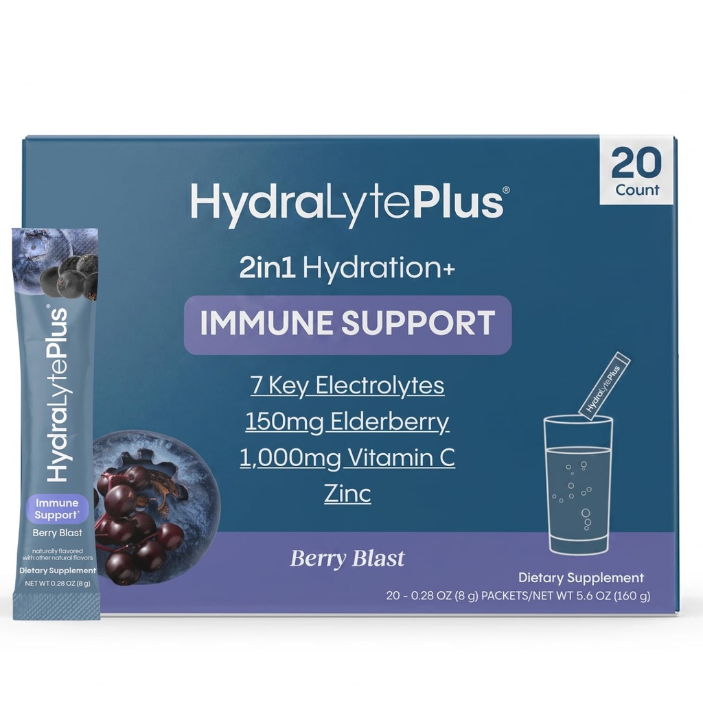 Hidralit Electroliti Plus Imunitate, Elderberry - Low Sugar Rapid Rehidratare Pulbere - Pachete cu pulbere electrolit usor sclipitoare cu 1000 mg vitamina C si 300 mg Elderberry (8oz Serve, 20 Conte)