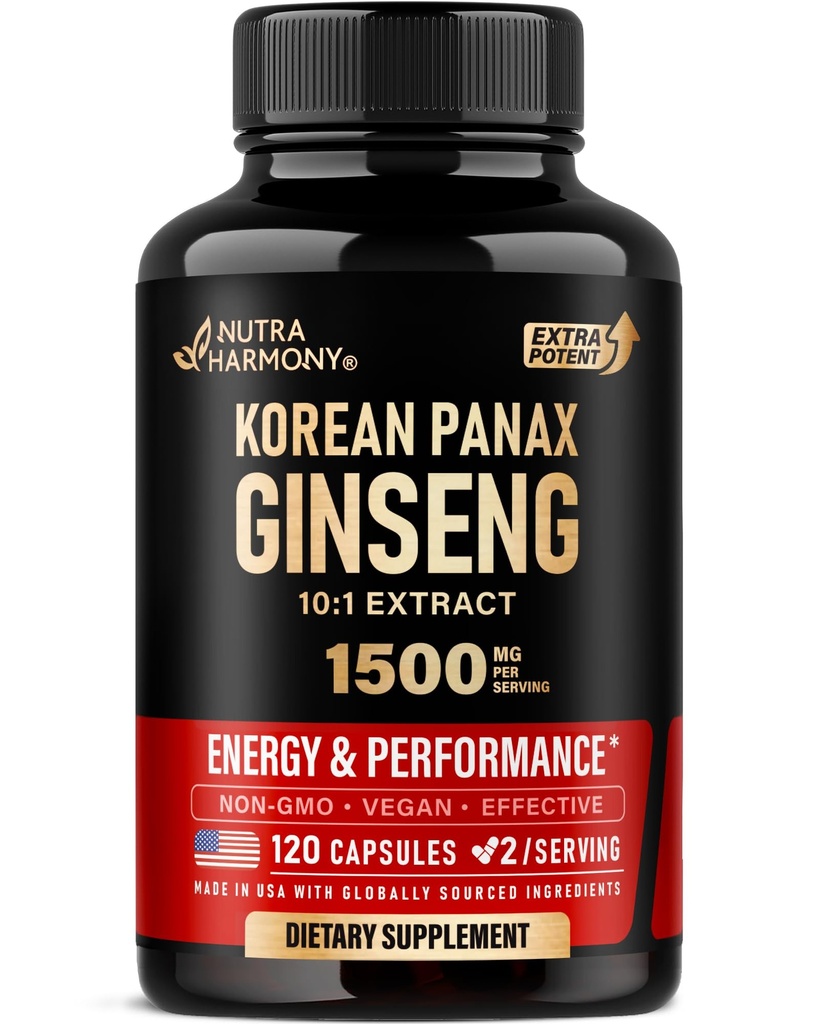 Panax Ginseng 15.000 mg - Red Korean Ginseng Supplement for Men - Extra Putere 10:1 Extract - Energie, Focus, Productivitate & Performance - Natural & Vegan - Made in USA - 120 capsule, 2 luni de aprovizionare