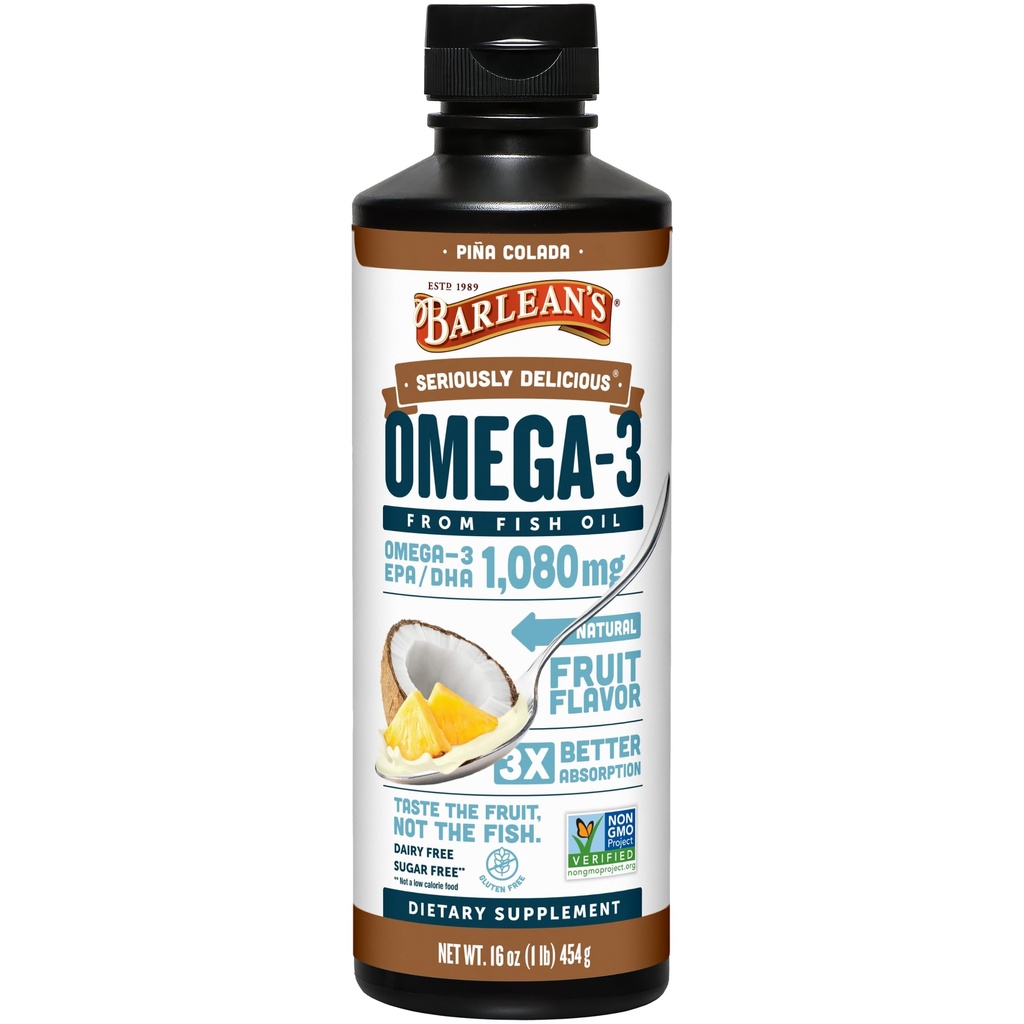 Barlean Omega 3 supliment lichid ulei de pește pentru bărbați și femei, Pina Colada, 1080mg EPA și acid gras DHA, 16 oz