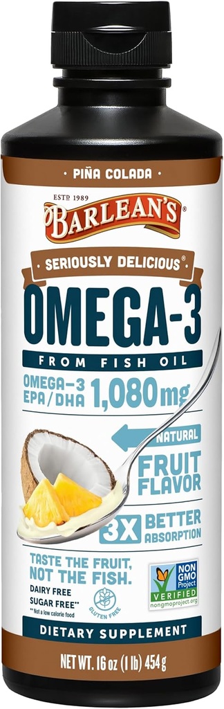 Barlean Omega 3 supliment lichid ulei de pește pentru bărbați și femei, Pina Colada, 1080mg EPA și acid gras DHA, 16 oz