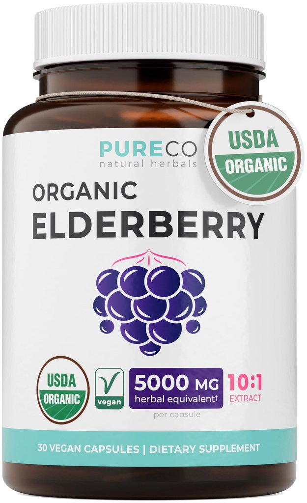 Capsule organice de soc - 10:1 Extract egal 5000 mg de fructe de soc proaspete (Vegan) pentru sprijin imun, Alergie, Sinus Relief - Sambucus Nigra - Black Elderberry - 30 Caps (Fără pastile sau gume)