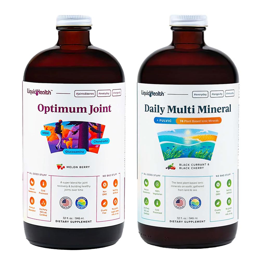 LIQUIDHEALTH Optimum Joint Glucosamine Chondroitin Supliment & Daily Multi Minerale Multivitamine Bundle for Men & Women - Sea Trace Minerals, Bone & Joint Health, Immune Support - Made in USA, Non-GMO