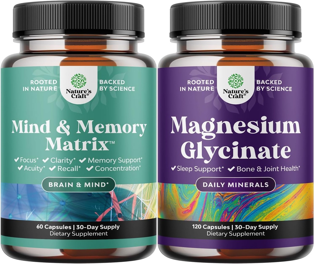 Bundle of Advanced Brain Supplement for Memory and Focus and Magnesium Glycinate Capsules for Adults - Memory Supplement for Brain Fog Clarity Energy and Recall - Sleep Support Immunity & Bone Health