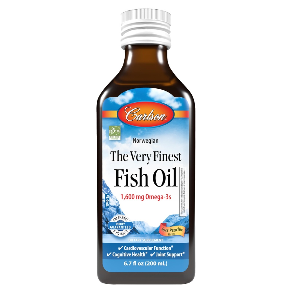 Carlson - ulei de pește foarte fin, 1600 mg Omega-3s, supliment de ulei de pește lichid, ulei de pește norvegian, ulei de pește sălbatic, lichid ulei de pește cu surse durabile, doar piersici, 200 ml (6,7 Fl Oz)