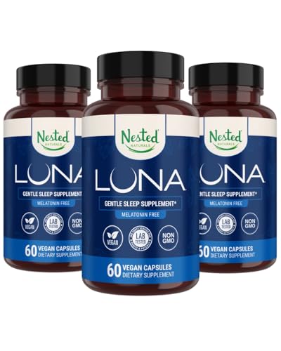 Naturals Nested Luna Melatonin Free, Non-Habit Forming Herbal Sleep Supplement w/Chamomile, Valerian, L-Theanină, 180 capsule Vegane (60 capsule per flacon)