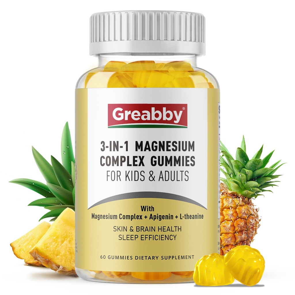 Triple Magneziu Complex Gummies - 800 mg Magneziu Glycinate & Citrate, Apigenin & L-Theanin, pentru copii și adulți, natural Asomn & Crampe musculare (60 Conte)