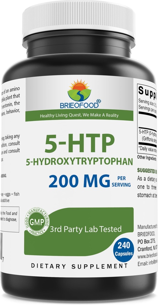 Brieofood 5-HTP 200mg per Servire - 240 capsule - 5-Hidroxitriptofan pentru relaxare sănătoasă - 3rd Party Lab testat