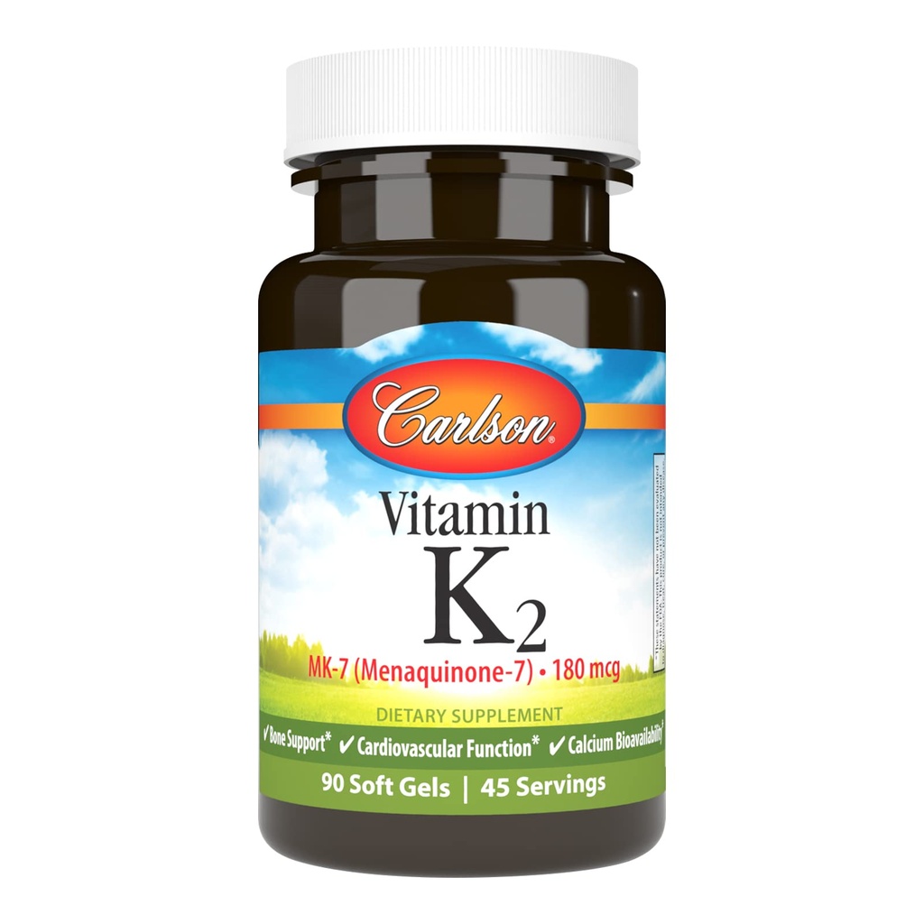 Carlson - Vitamina K2 MK-7 (Menachinonă), 180 mcg, suport osos, Biodisponibilitatea calciului, vitamina K2, vitamina K-2, 90 Softgels