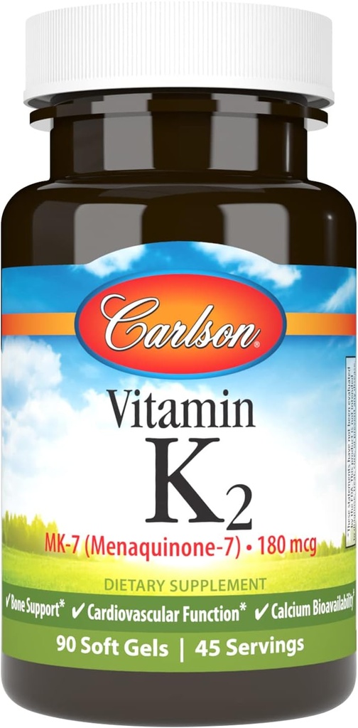 Carlson - Vitamina K2 MK-7 (Menachinonă), 180 mcg, suport osos, Biodisponibilitatea calciului, vitamina K2, vitamina K-2, 90 Softgels