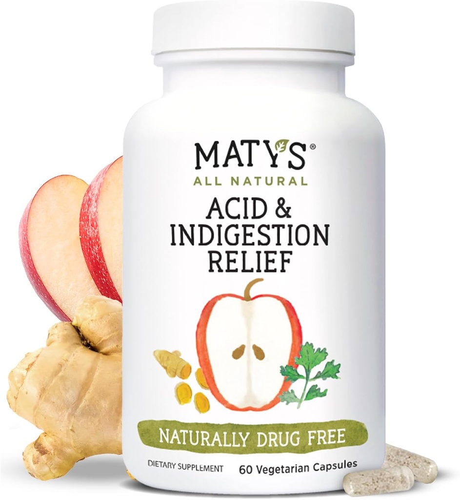 Matys Acid & Indigestie Capsule de relief, Antiacide sigure Alternative pentru Reflux acid ocazional și arsuri la stomac, Made with Apple Cider Otegar, Soy & Gluten Free Vegetarian Capsule, 60 Count, 30 Servings