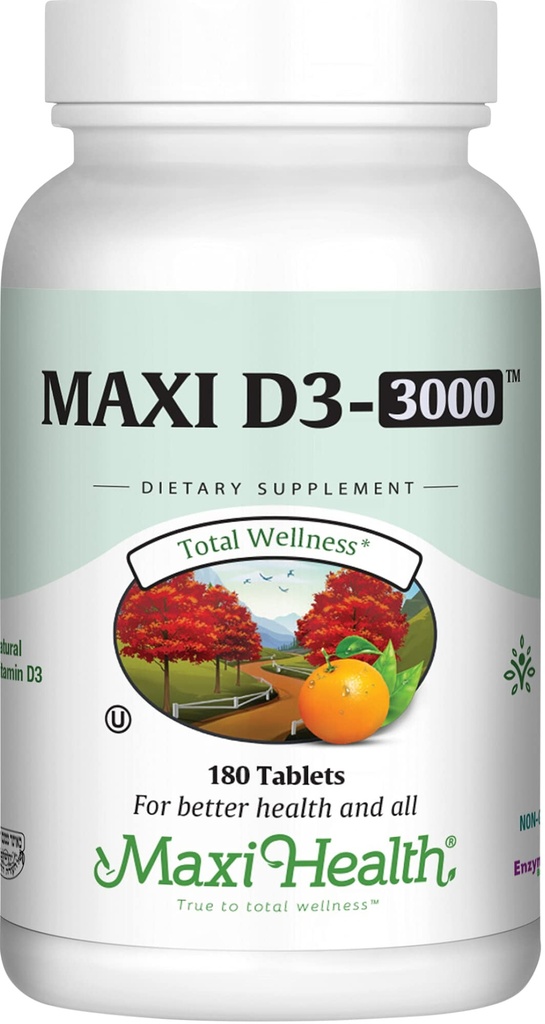 Maxi Health Vitamina D3 3000 UI 75 μg Vitamina D Suplimentul pentru oase sănătoase, dinți, suport imun - VIT D3 Supliment ușor de înghițit non-GMO, Supliment pentru bărbați și femei Kosher (180 comprimate)
