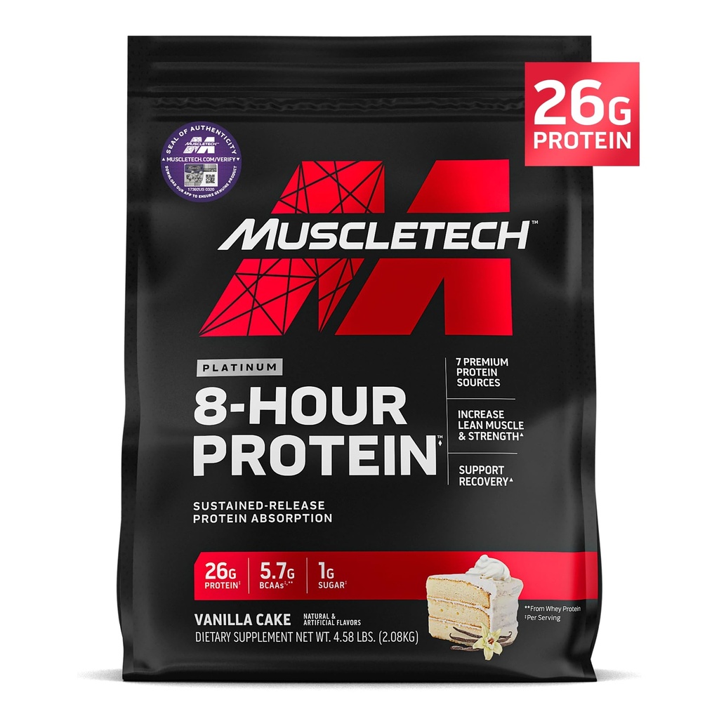 MuscleTech Platinum 8-Hour Proteine Powder - 7 Premium Proteine Surse cu Whey & Casein Proteine pentru cresterea lean musculare, Putere & Recuperare îmbunătățită - Vanilla Cake, 50 Serviri