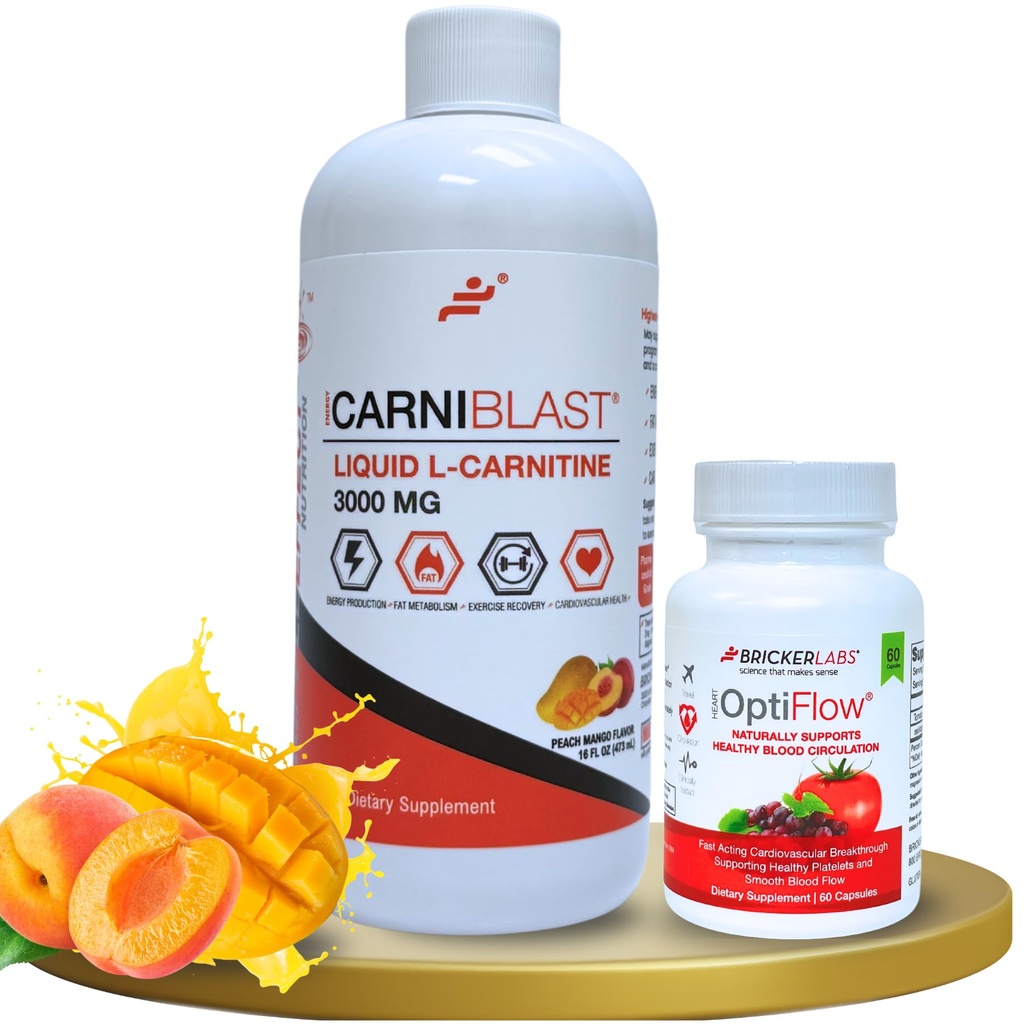 Bricker Labs Putere și performanță Duo: Carniblast lichid L-Carnitina 3000 mg & Optiflow Suplimentul de flux sanguin, 60 capsule