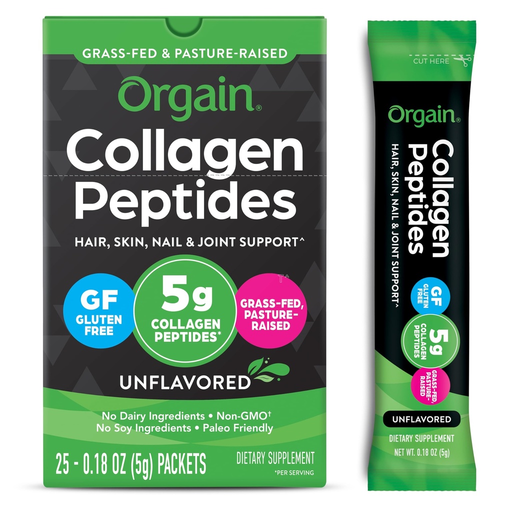 Orgain Hidrolized Colagen Peptides Pachete de călătorie pentru femei și bărbați - 5g Grass Fed Colagen Per Serving, Păr, Piele, Nail & Supliment de sprijin comun, Non-GMO, Tip I & III - Neflavorat (25 Conte)