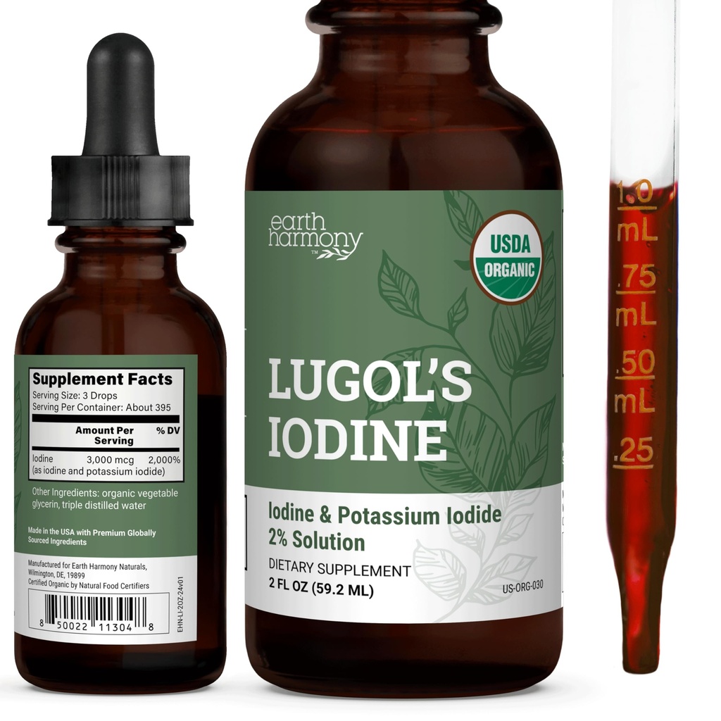 Iod organic Lugol, iod și iod de potasiu 2% Soluție 3000 mcg - Picături suplimentare lichid pentru suport tiroidian pentru femei și bărbați, Sănătate metabolică, Boost dezintoxicare - non-GMO, 395 Serviri (2 Oz)