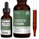Iod organic Lugol, iod și iod de potasiu 2% Soluție 3000 mcg - Picături suplimentare lichid pentru suport tiroidian pentru femei și bărbați, Sănătate metabolică, Boost dezintoxicare - non-GMO, 395 Serviri (2 Oz)