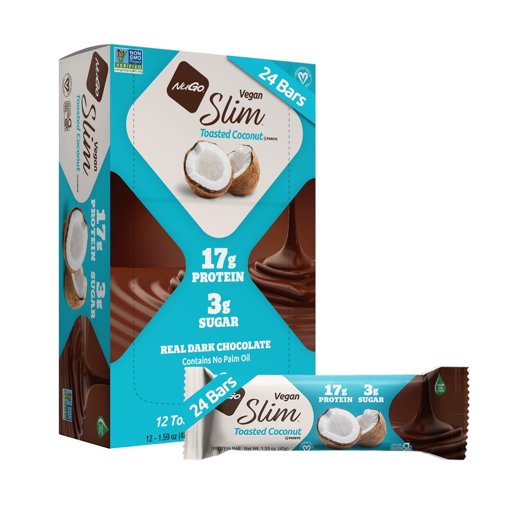 Nugo Slim Ciocolată neagră Toasted Coconut, 16g Proteina Vegan, 3g Zahăr, 7g Fibră, Low Net Carb, Keto Friendly, Gluten Free, 24 Conte
