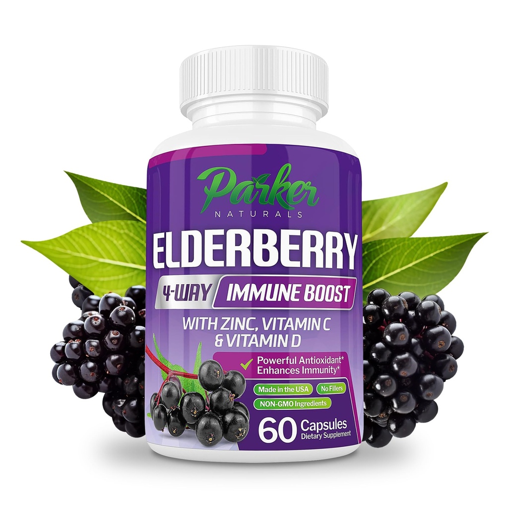 Parker Naturals Capsule de Elderberry organice, 4-Zay Immune Boost Elderberberries, Vitamine C, D & Zinc Support, 1260.1 mg Suplimente de Elderberry pentru adulți, 60 Capsule