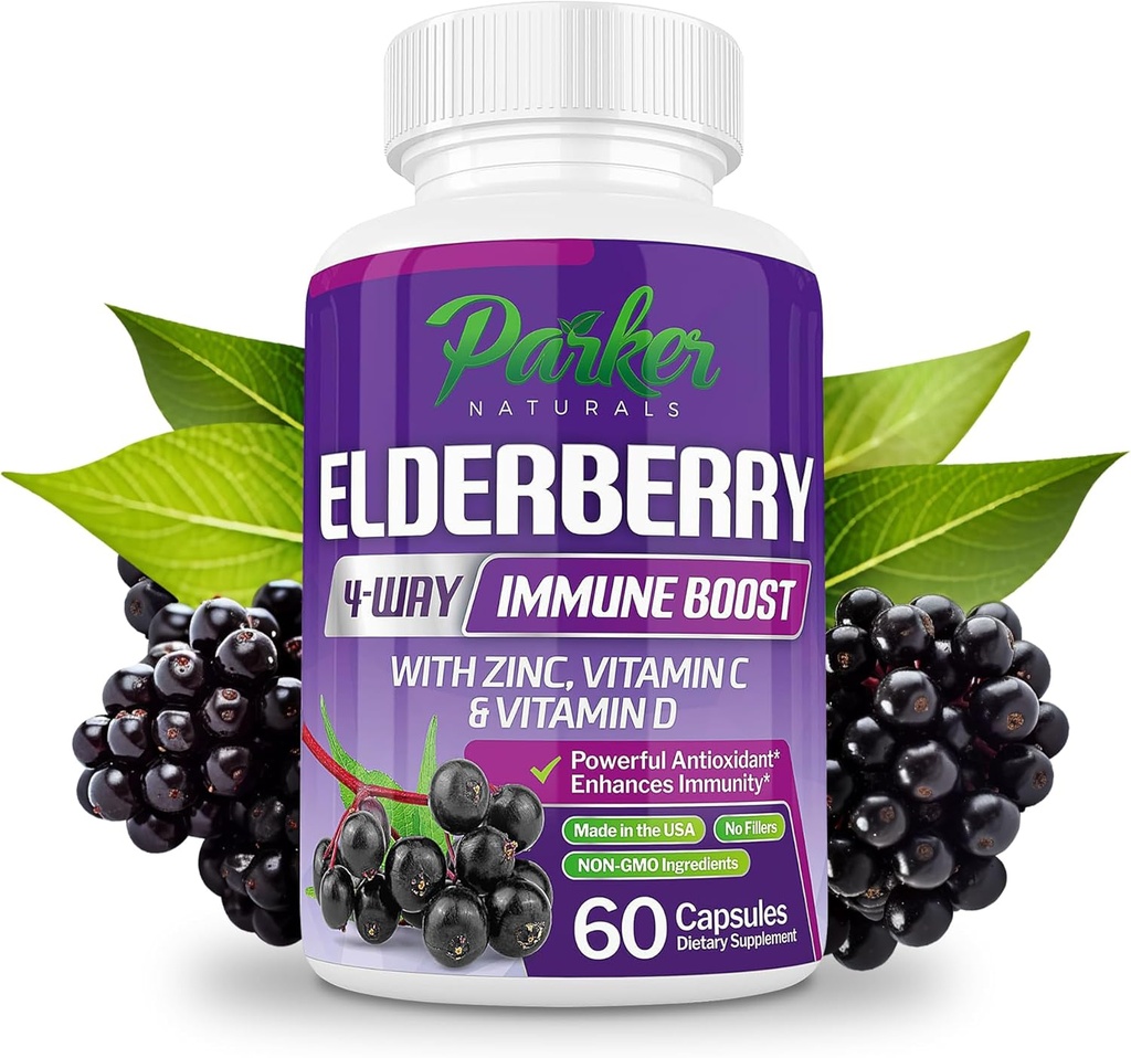 Parker Naturals Capsule de Elderberry organice, 4-Zay Immune Boost Elderberberries, Vitamine C, D & Zinc Support, 1260.1 mg Suplimente de Elderberry pentru adulți, 60 Capsule