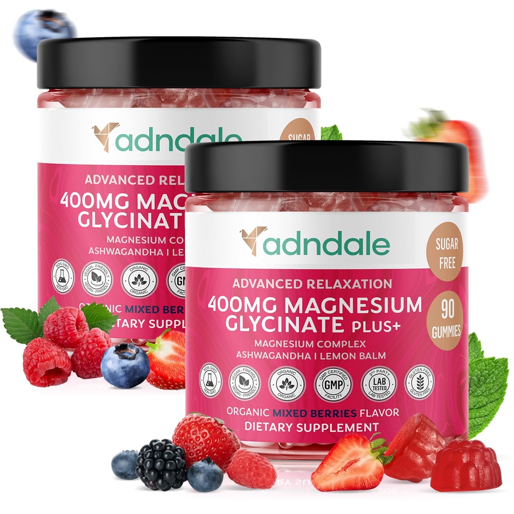 Adndale 180 CT Glycinate Gumries 400 mg/Serv, cu Ashwagandha, Malate de magneziu & Taurate, Chews fără zahăr pentru adulți și copii.