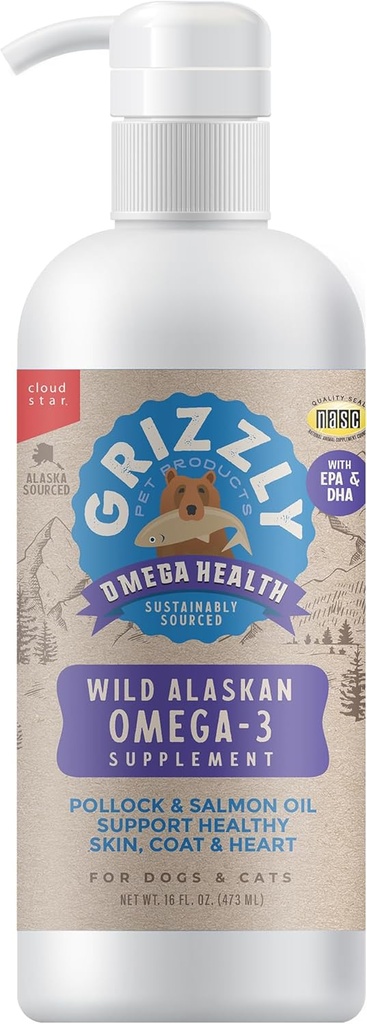 Grizzly Pet Produse Omega Sanatate Lichid Omega-3 Supliment pentru câini și pisici, 16 Ounce Sticla
