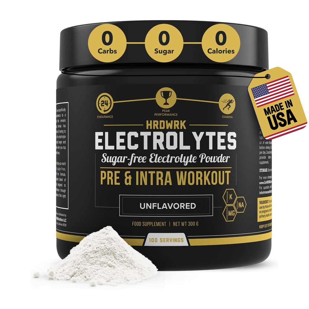 HRDWRK - Electroliţi pulbere Keto Hidratare Zahăr fără magneziu, potasiu şi sodiu - 100 Servings 