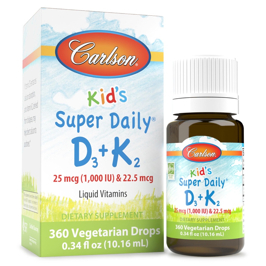 Carlson - Super Daily pentru copii D3+K2, 25 mcg (1.000 UI) D3 & 22,5 mcg K2, picături de vitamina D cu vitamina K2, vitamine lichide, 1000 UI vitamina D3, Heart & Bone Health, 1 an de aprovizionare, fără aromă, 360 picături