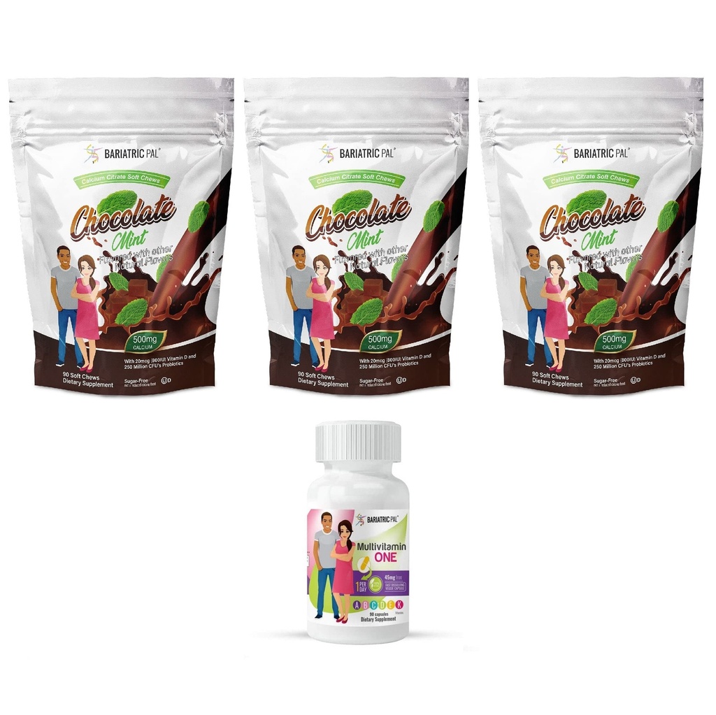 BariatricPal 90-Day Bariatric Vitamina Bundle (Multivitamine ONE 1 pe zi! Capsule cu 45mg Citrat de fier și calciu Chews Soft 500mg cu Probiotice - Mentă de ciocolată)