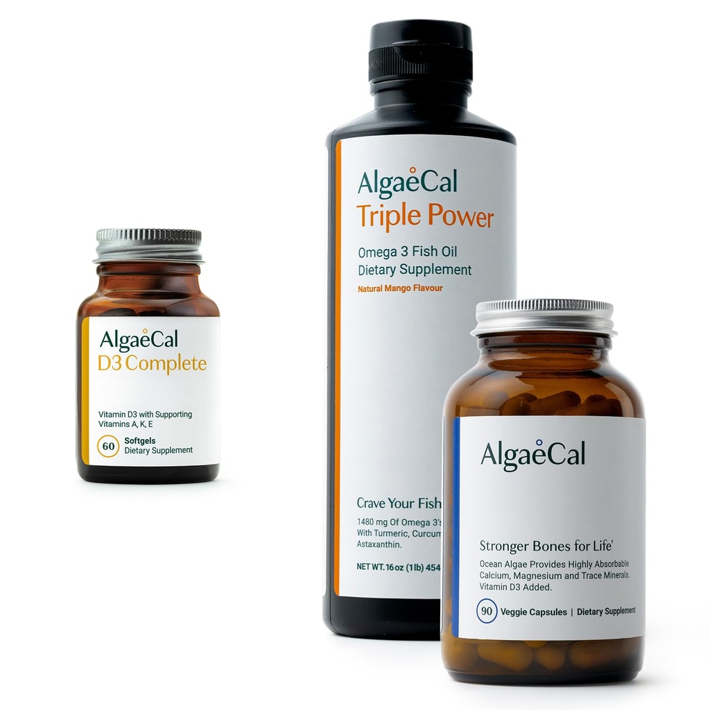 ALGAECAL Bundle - D3 (1000 UI) + K2, vitamina E, vitamina A (1000 UI) și calciu pe bază de plante pentru susținerea osoasă & Omega 3 cu 1200 mg EPA DHA