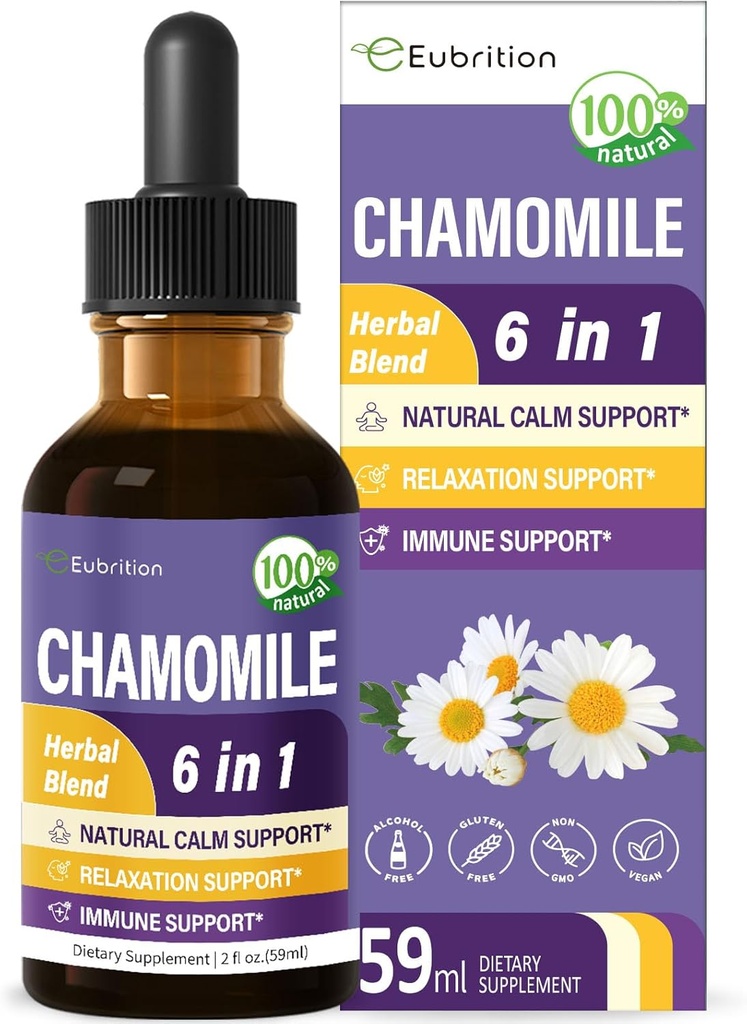 Picături de plante Extract de mușețel, Natural Calm Tencture Herbal Supliment w / Passion Flower, St John's Wort, Lavender, Reishi, & Echinacea pentru suport de relaxare și suport imunitar. 2 oz
