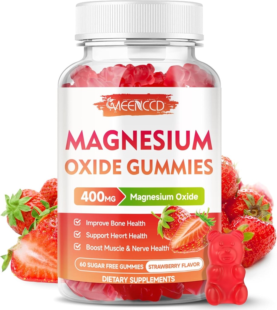 Magnesium Oxide Gummies 400mg, Chewable Magnesium Oxide Supplement for Adults & Kids, Nerve & Muscle Support, Non-GMO, Sugar-Free, Strawberry Flavor, 60 Count