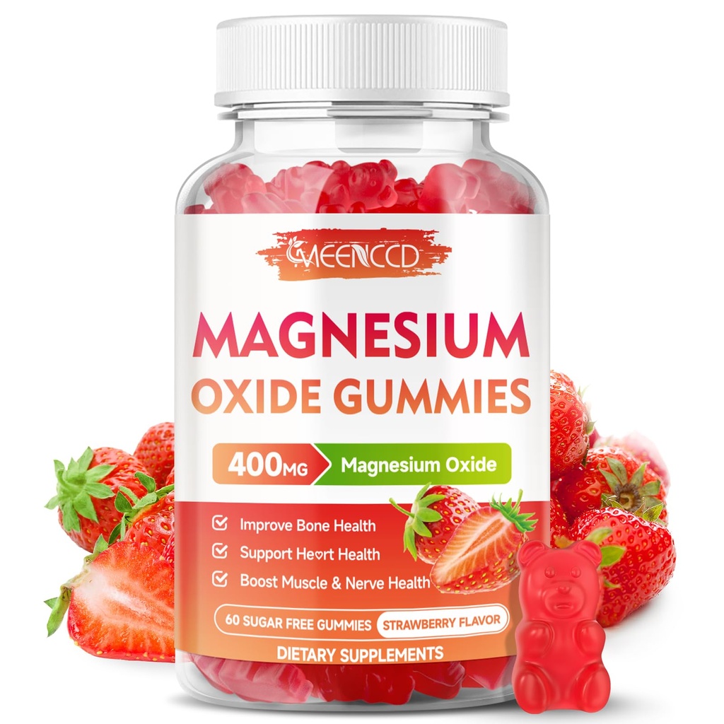 Oxid de magneziu Gummies 400mg, Oxid de magneziu masticabil Supliment pentru adulți & copii, Nervi și suport muscular, non-GMO, zahăr-gratuit, aromă de căpșuni, 60 Conte