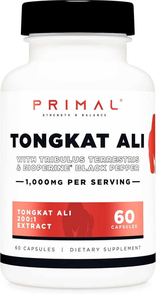 Capsule Primal Tongkat Ali (60 capsule / 30 Servings, 1000 mg Per Serving) - supliment Jack lung pentru bărbați, gluten gratuit, supliment nutrițional non-GMO Herbal