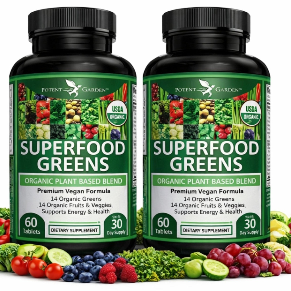 Gradina potenta 2 Pack Ecologic Superfood Greens, Fructe și legume Supliment bogat în vitamine și antioxidanți cu Alfalfa, Root & Tart Cherry pentru a stimula energia, Imunitate & Gut Health, 120 Ct