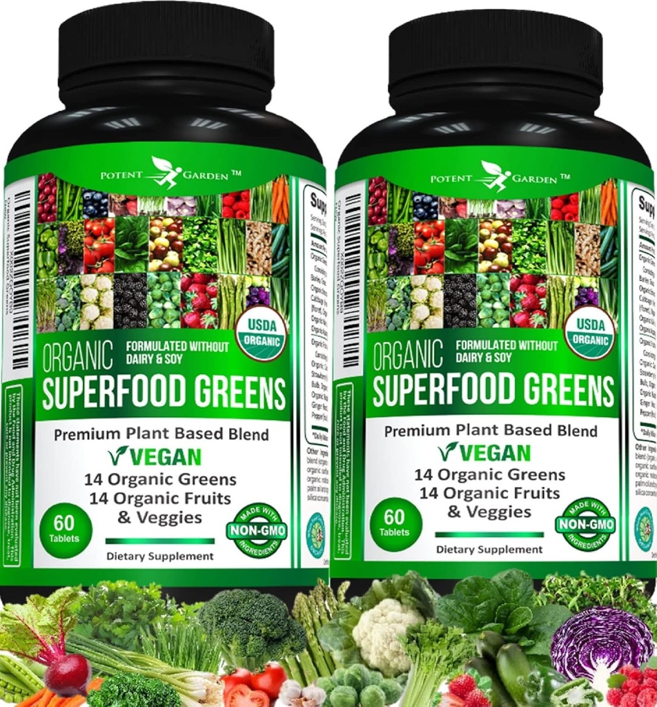Gradina potenta 2-Pack Ecologic Superfood Greens, Fructe și legume Supliment bogat în vitamine și antioxidanți cu Alfalfa, Root & Tart Cherry la stimularea energiei, Imunitate & Gut Health, 120 Ct