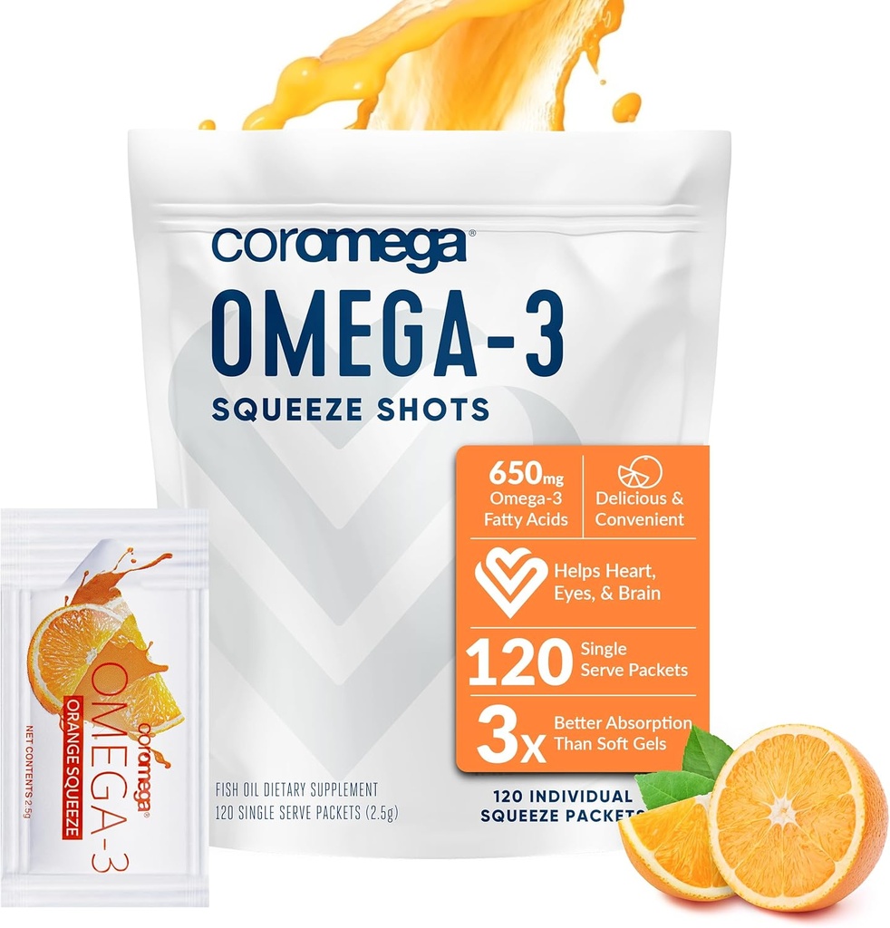Coromega Omega 3 Suplimentul de ulei de pește, 650mg de Omega-3s cu 3X mai bine de absorbție decât Softgels, Orange Flavor, 120 Pachete de unică servire