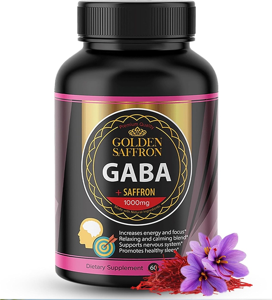 GOLDEN SAFFRON - GABA + Saffron Extract Supplement - Unique and Powerful Non-GMO Supplement for Promoting Relaxation, Restful Sleep, and Mood Support - Made in The USA with No Added Sugar