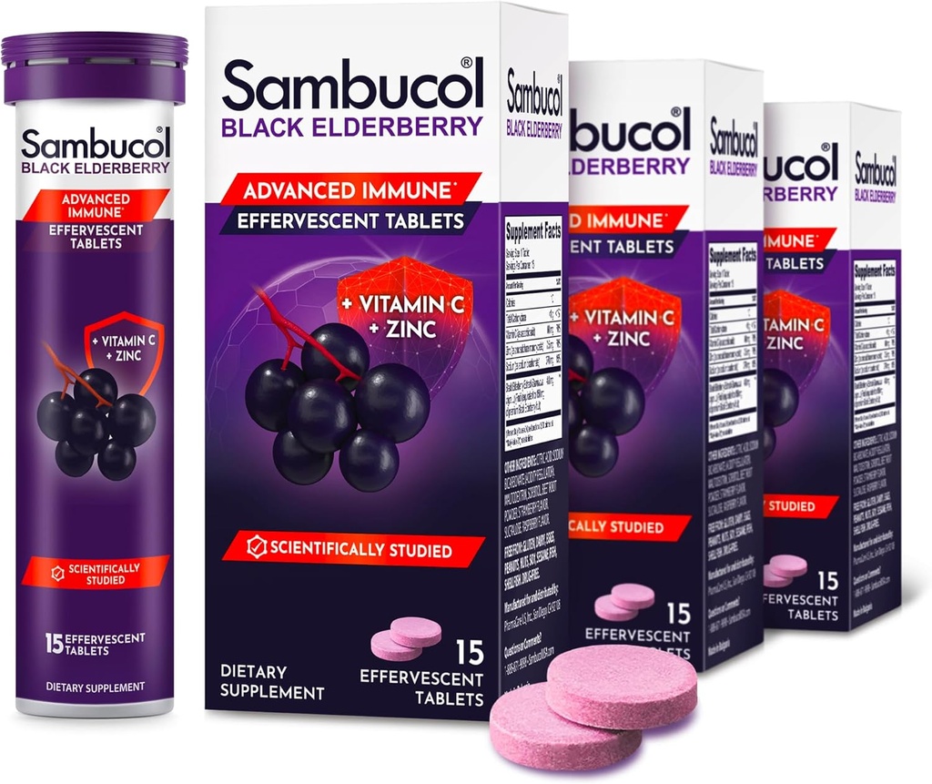Sambucol Black Elderberry Tablete cu vitamina C & Zinc - Supplement de sprijin imun, Black Elderberry cu zinc și vitamina C tablete efervescente, Antioxidanți mari, băuturi Fizzies - 15 tablete
