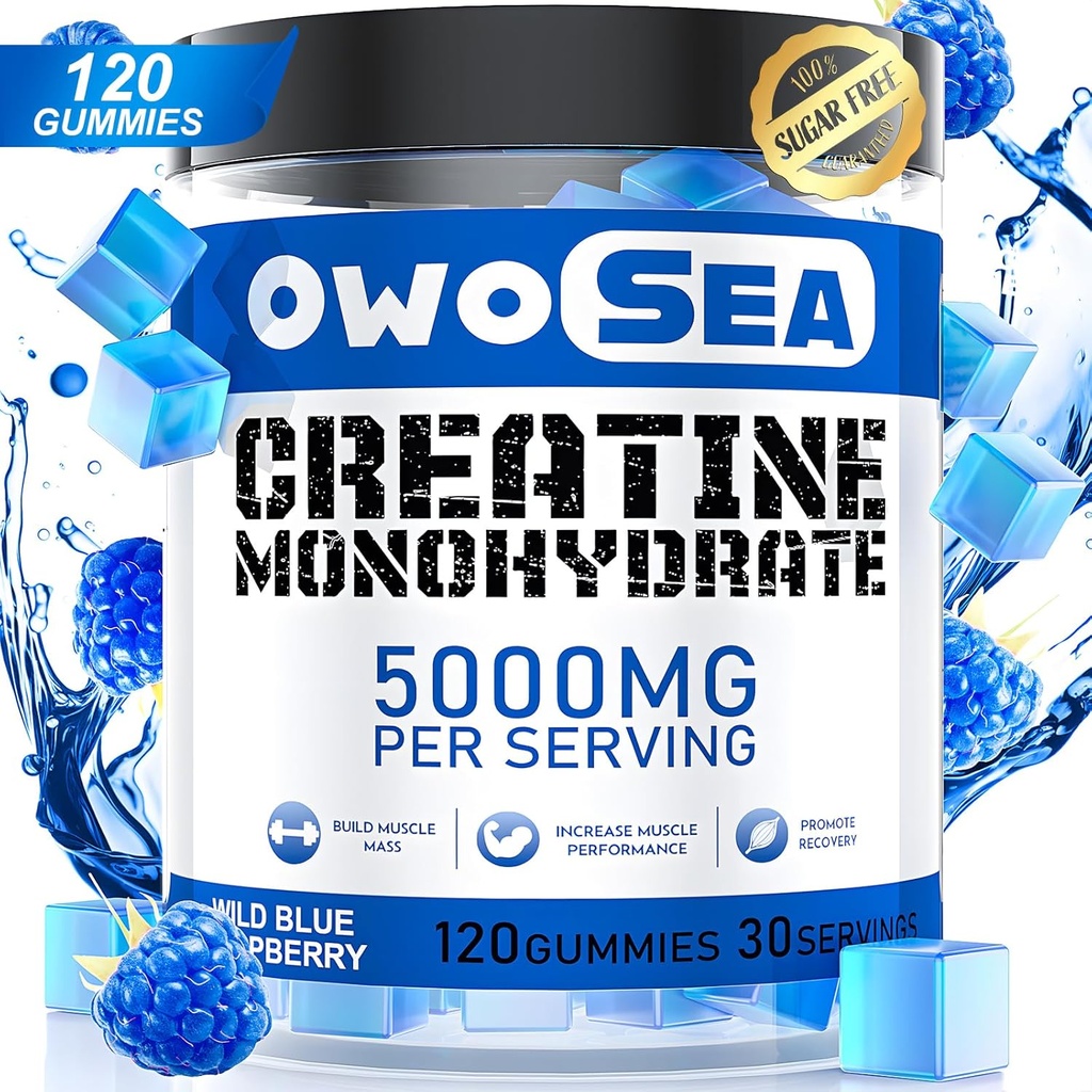 Creatină Monohidrat Gummie pentru bărbați și femei 5000 mg Creatină Monohidrat pe servire pentru sprijin muscular Energie Boost 120 Count Chemable 5g Creatine Supliment de zahăr gratuit Vegan (1 pachet, zmeură albastră)