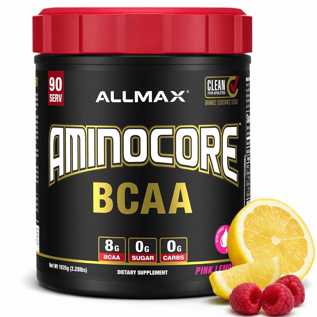 ALLMAX Nutritie AMINOCORE BCAA, Limonada roz - 945 g pulbere - 8.18 Grams de lant ramificat Amin Acidi per servire - cu vitamine B - Nu Fillers sau non-BCAA Aminos - Sugar Free - 90 Serviri