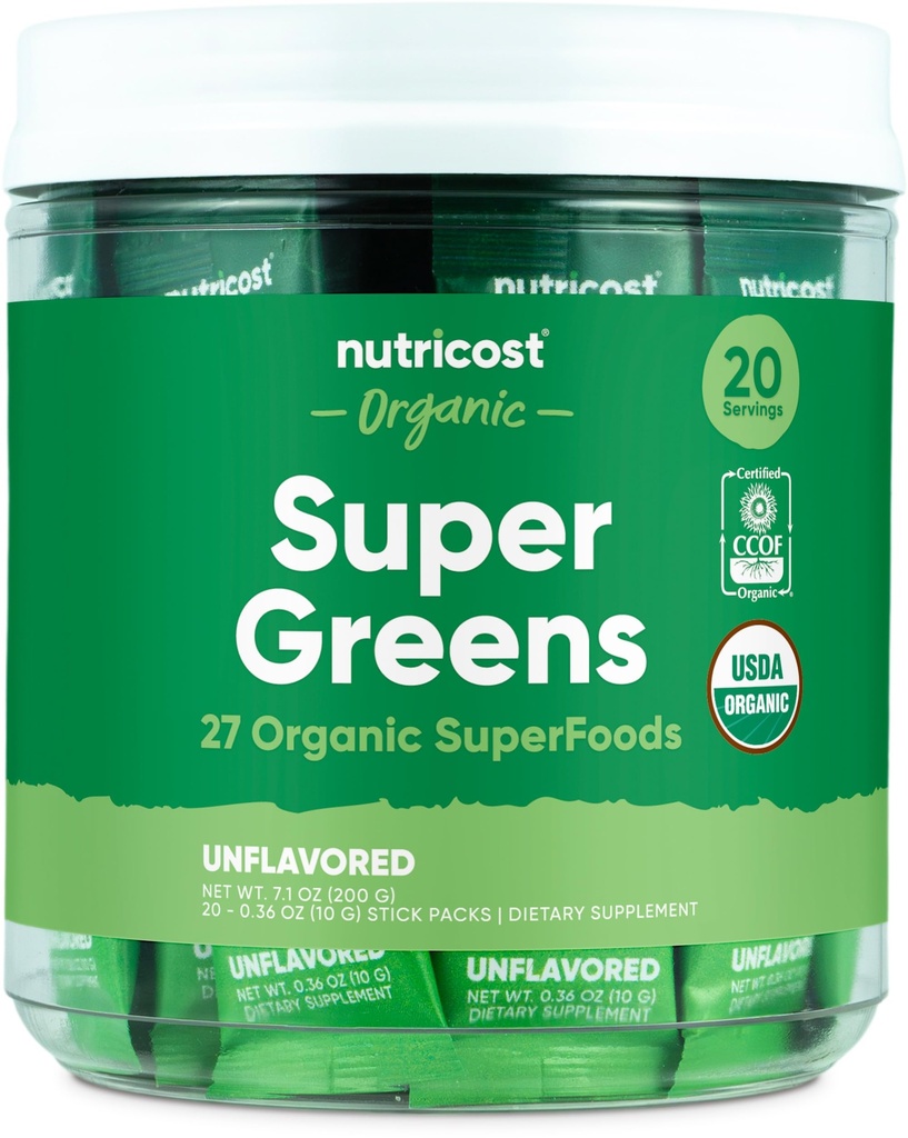 Nutricost Organic Super Greens (Unflavored) 20 Stickpacks - Gluten-Free, Non-GMO
