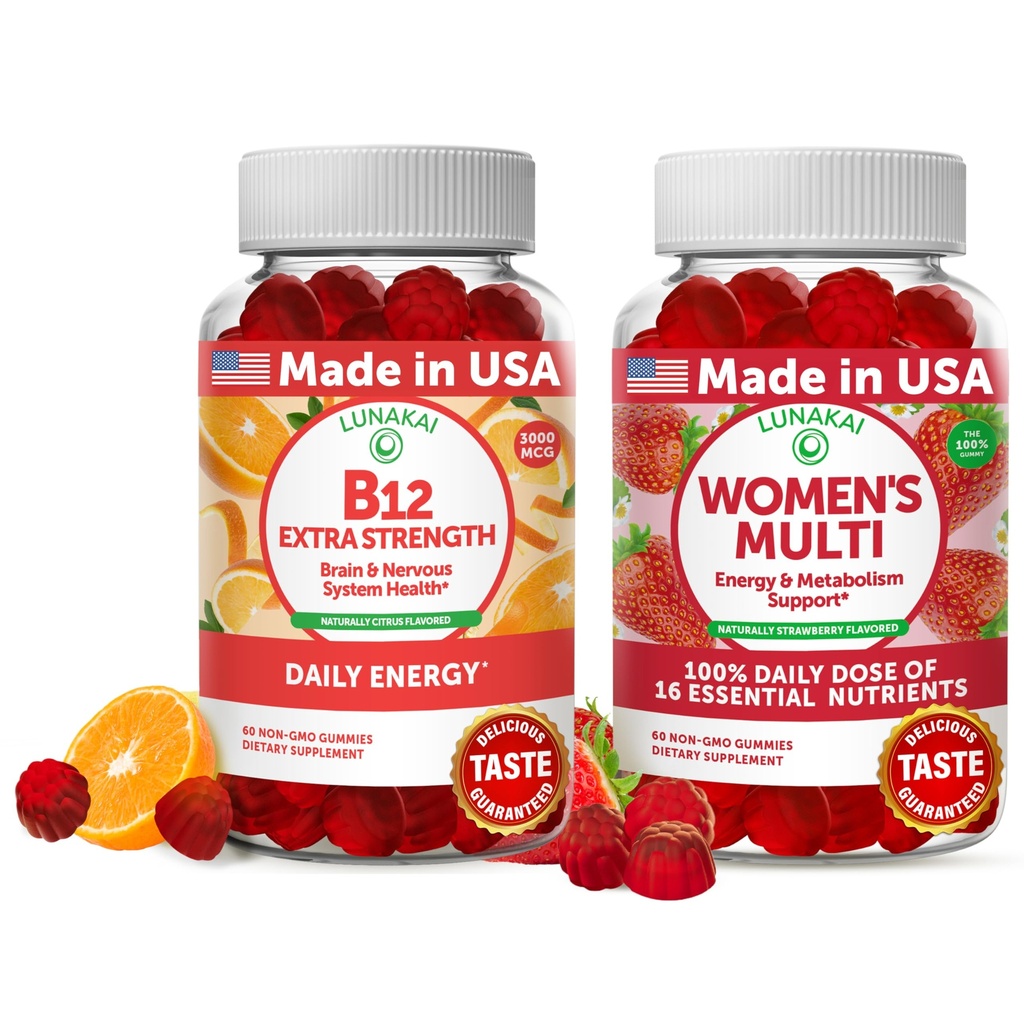Lunakai Vitamina B12 și Femeii Multivitamine Gummies Bundle - 3000mcg Methylcobalamină de înaltă absorbție Gummy - 100% zilnic valoarea 16 Vitamine esențiale și minerale Supliment - 30 zile de aprovizionare