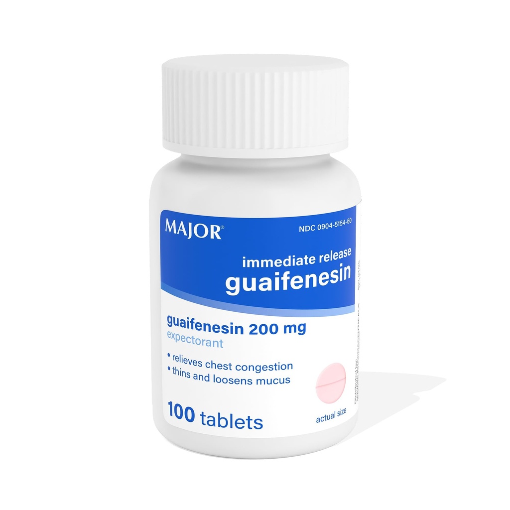 Eliberare imediată majoră Guaifensin - Relieves Congestie toracică, Thins şi Loosens Mucus - 200 mg - 100 comprimate