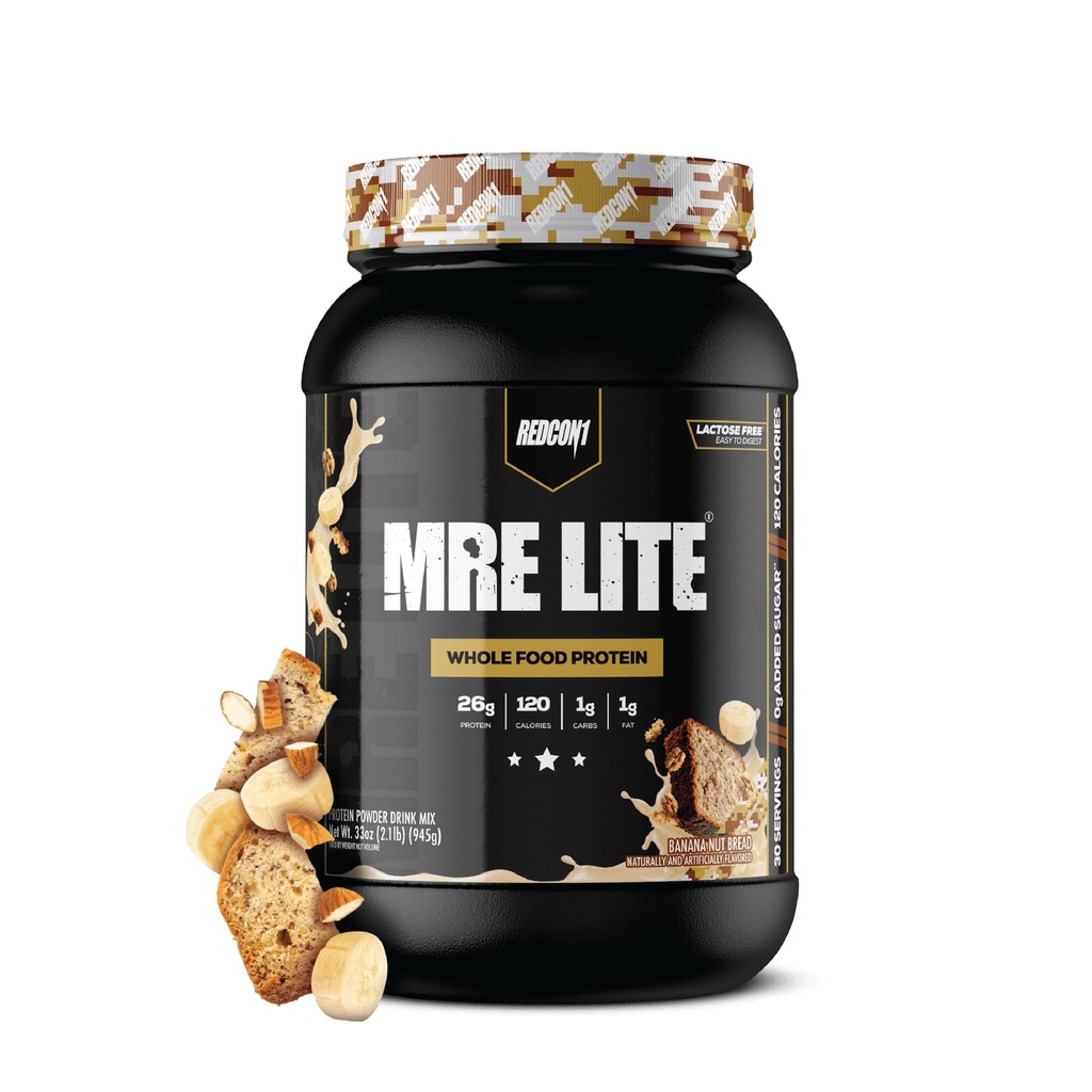 REDCON1 MRE Lite Întreaga pulbere de proteine alimentare, Banana Nut Bread - Carb scăzut & Whey Free Meal Înlocuire cu amestecuri de proteine animale - Ușor de săpat Suplimentul făcut cu uleiuri MCT (30 Serviri)