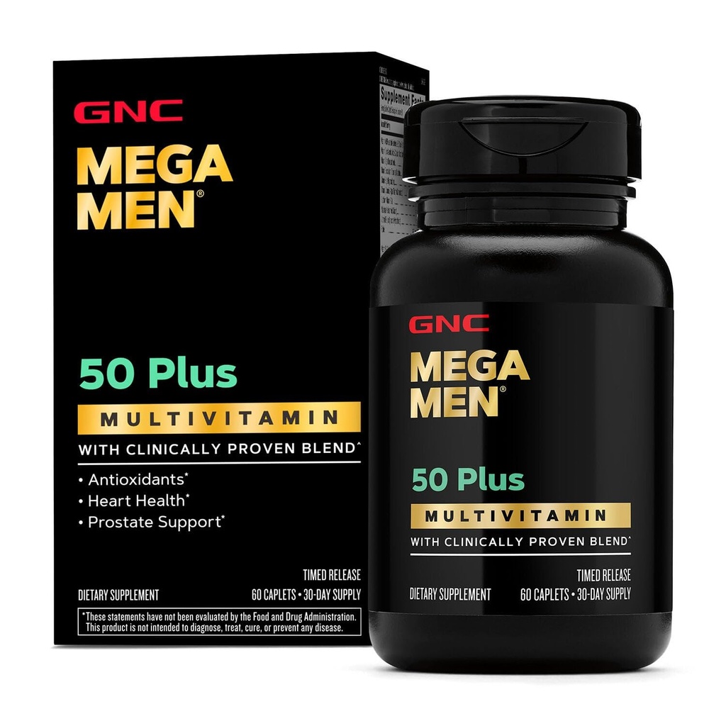 GNC Mega Men 50 Plus Multivitamine Caplete, dovedit clinic, Heart & Prostate Health, B Vitamine, Saw Palmetto, Memorie, Vitamina D-3, 60 Conte