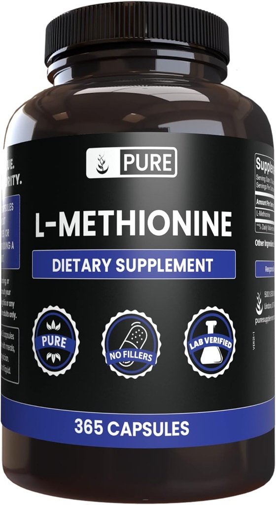 INGREDIENTE ORIGINALE PurE L-Metionină (365 capsule) Fără magneziu sau fillere de orez, întotdeauna pure, verificate de laborator